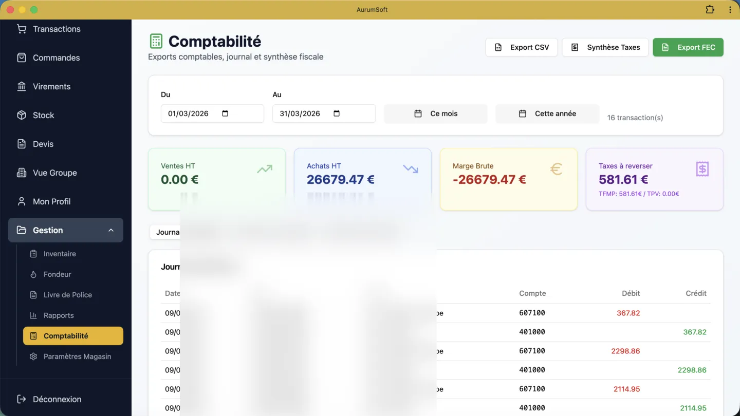 Journal comptable — écritures automatiques avec plan comptable métaux précieux