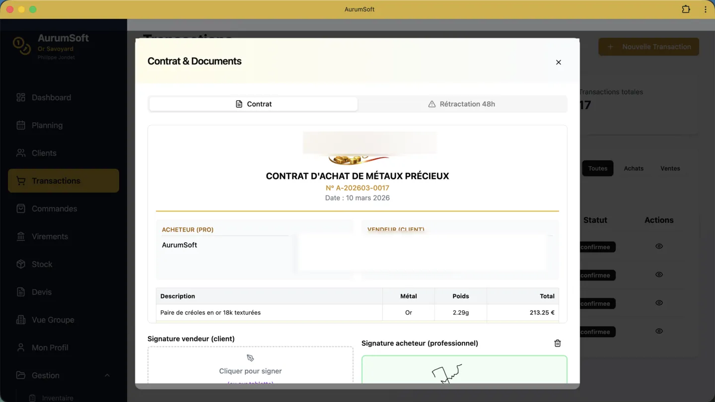 Contrat d'achat de métaux précieux généré automatiquement par AurumSoft