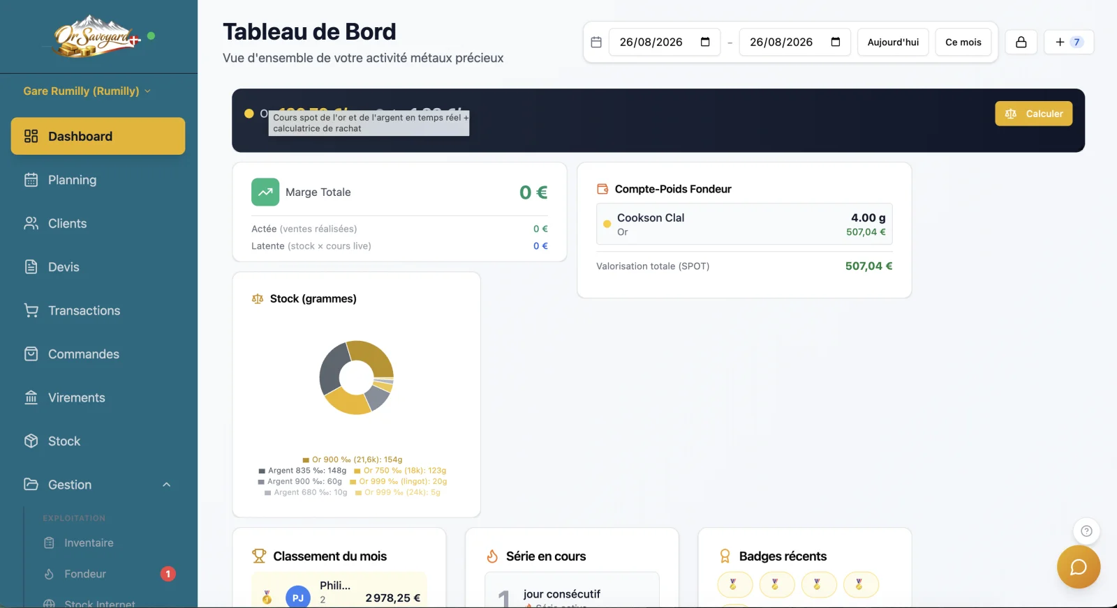 Menu de l'application AurumSoft avec le logo et la couleur de l'enseigne du comptoir